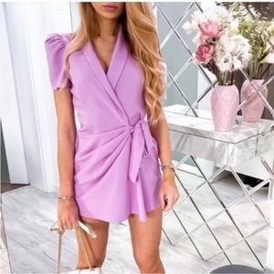 ZARA Women’s Draped Blazer Dress Size L Lilac Short Sleeve Shoulder V-Neck NWOT